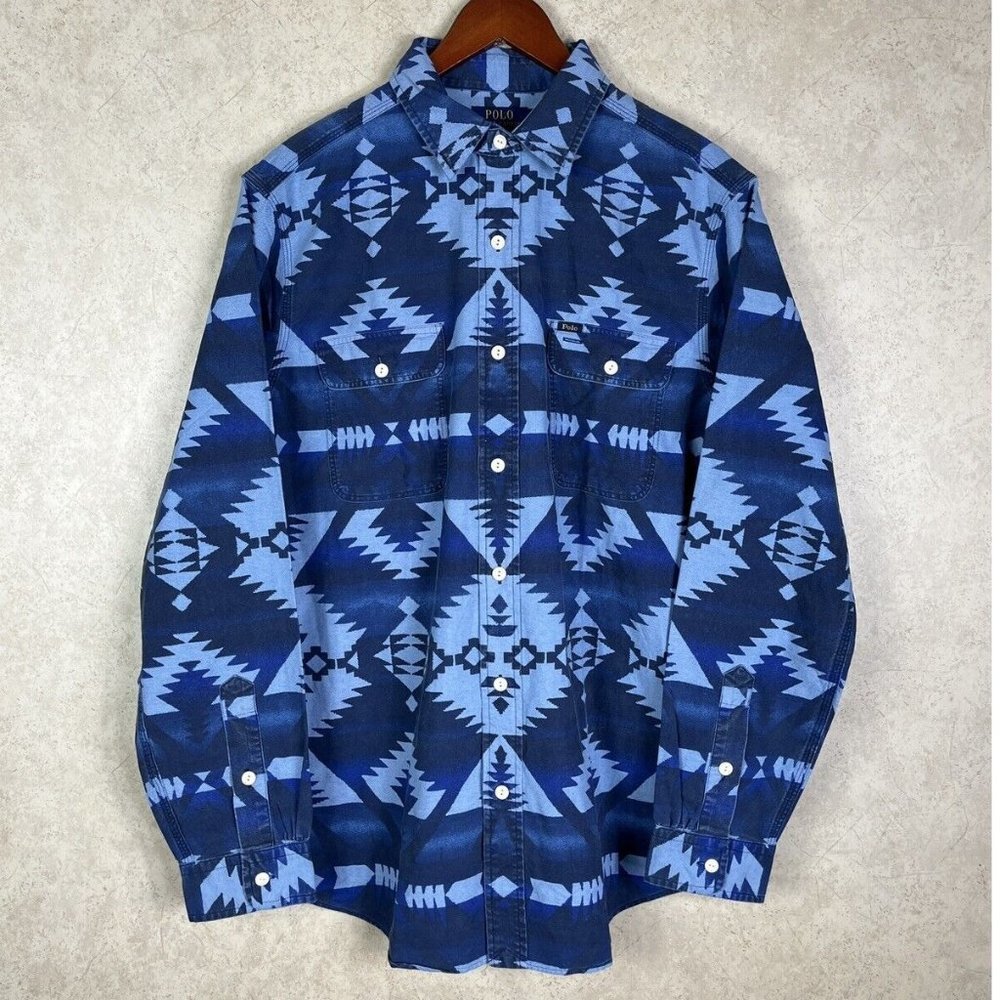 Polo Ralph Lauren NEW Men’s Indigo Blue Western Aztec Tribal Button Shirt Size L